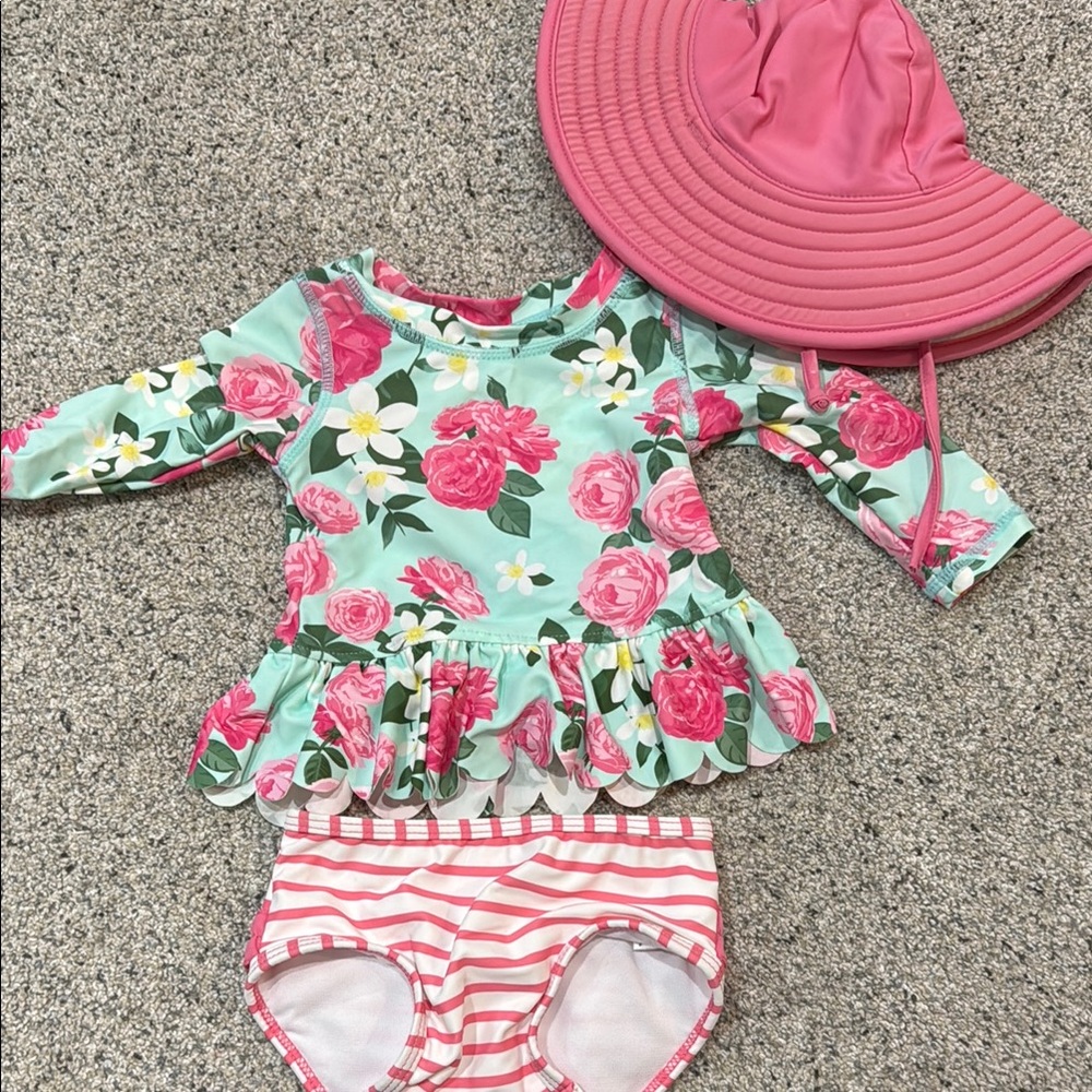 Ruffle Butts Mint Floral Rashguard Set with Pink Hat and Striped Bottoms